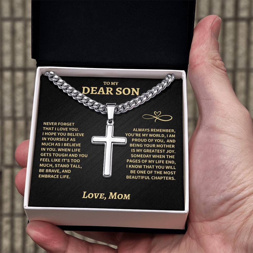 Son Gift From Mom, "Beautiful Chapters", Cuban Chain Artisan Cross Necklace