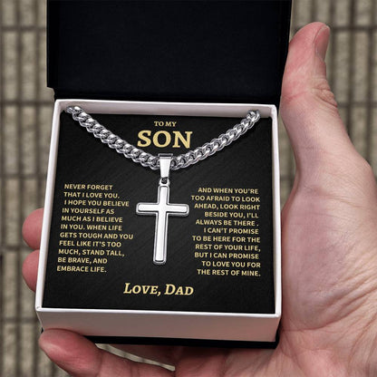 Son Gift- Believe In Yourself- Cuban Chain Cross Necklace- From Dad