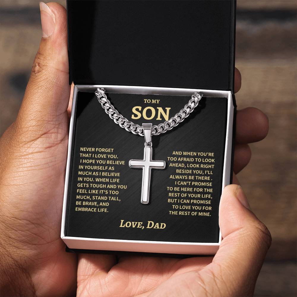 Son Gift- Believe In Yourself- Cuban Chain Cross Necklace- From Dad
