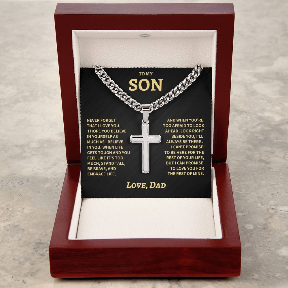 Son Gift- Believe In Yourself- Cuban Chain Cross Necklace- From Dad