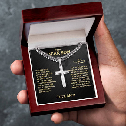 Son Gift From Mom, "Beautiful Chapters", Cuban Chain Artisan Cross Necklace