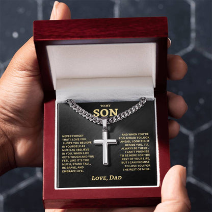 Son Gift- Believe In Yourself- Cuban Chain Cross Necklace- From Dad