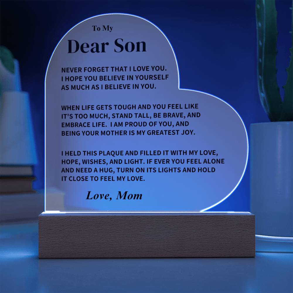 Son Gift- Believe In Yourself- LED Heart Acrylic Plaque- From Mom